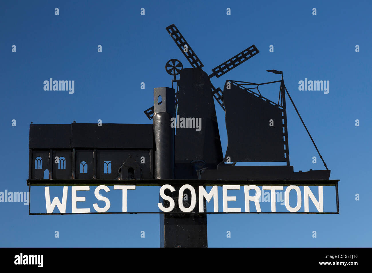 Traditionelles Dorf Zeichen für West Somerton auf den Norfolk Broads. Stockfoto