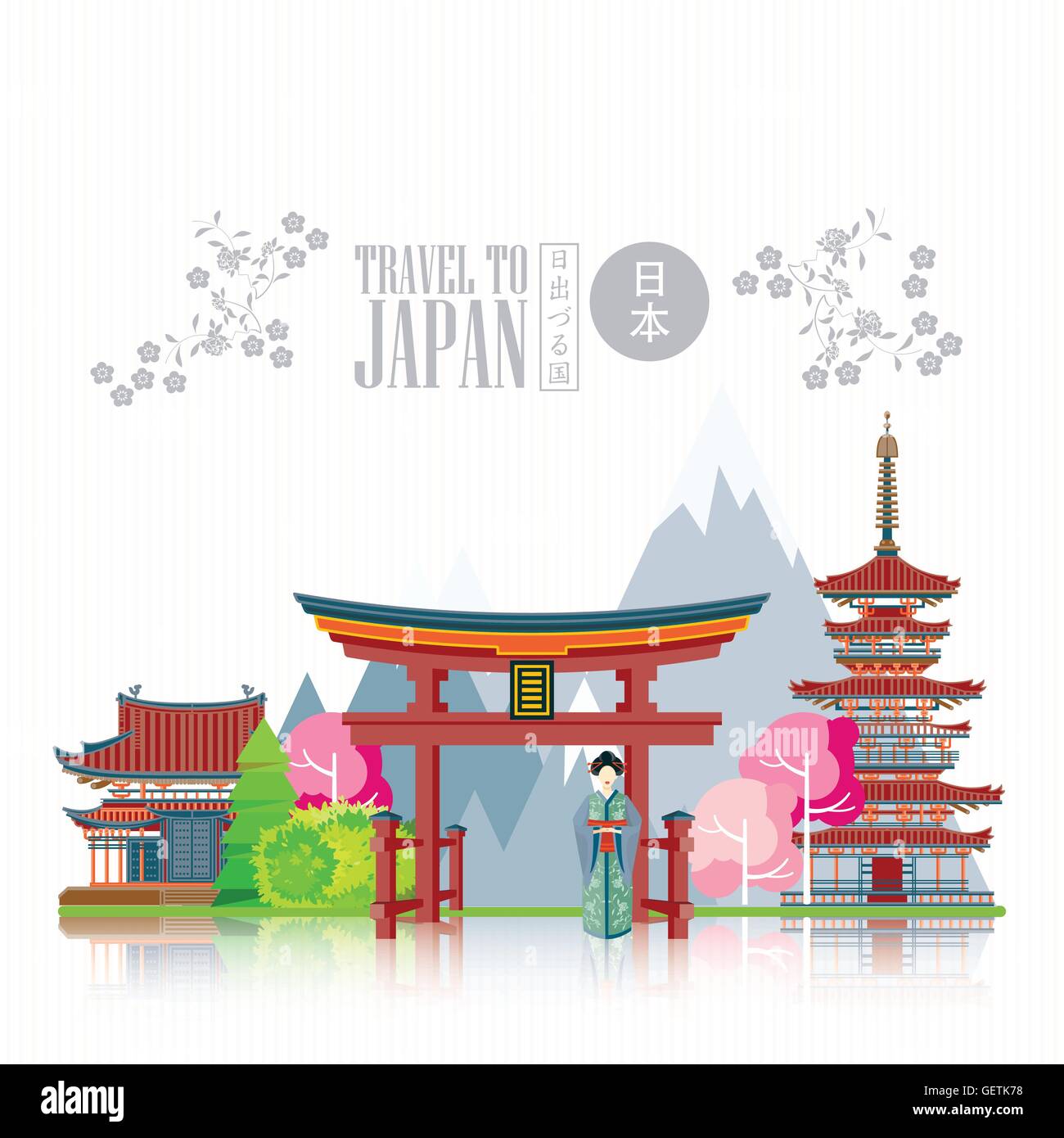 Bunte Japan Reisen Poster Reise Nach Japan Es Gibt Text In Japanisch Japan Und Land Der Aufgehenden Sonne Stock Vektorgrafik Alamy