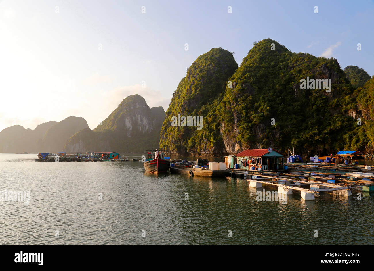 Schwimmenden Fischfarm in Lan-Ha-Bucht vor der Küste von Cat Ba Island in Ha Long Bay. Stockfoto