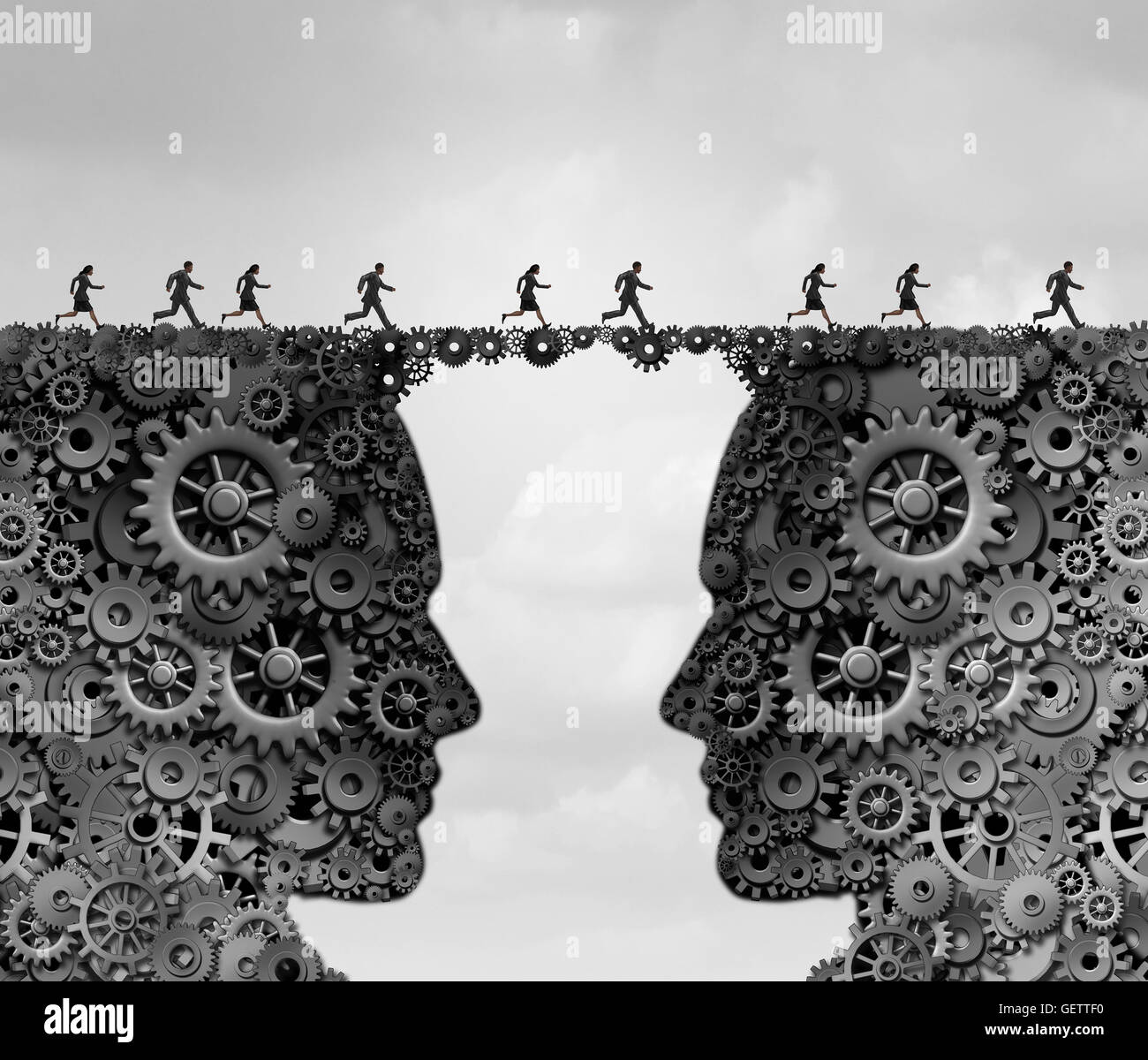 Business Industrie-Bridge als eine Gruppe von Menschen quer durch eine Verknüpfung von getrieben und Zahnrädern als einen Kopf als Erfolg Metapher für Technologielösungen mit 3D Abbildung Elementen geformt. Stockfoto