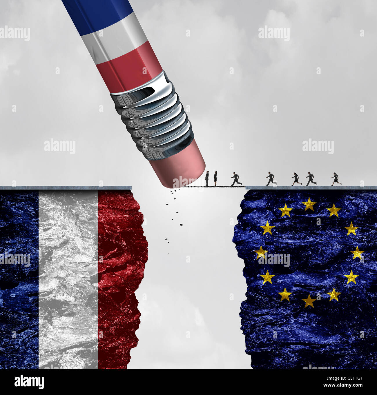 Frankreich Grenzkontrolle der Einwanderung als eine europäische Flüchtlingskrise als Menschen in Europa ausgeführt, um eine Brücke zu überqueren, die durch eine französische Flagge Bleistift mit 3D Abbildung Elemente gelöscht werden wird. Stockfoto