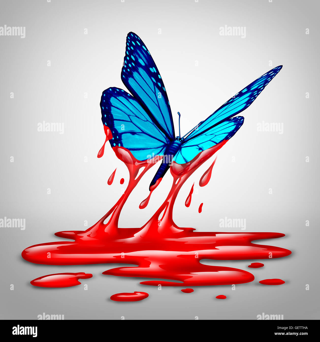 Hoffe nach Gewalt oder Optimismus Konzept und Diplomatie Symbol wie ein Schmetterling fliegen aus Blut als Symbol für die Menschheit Stockfoto