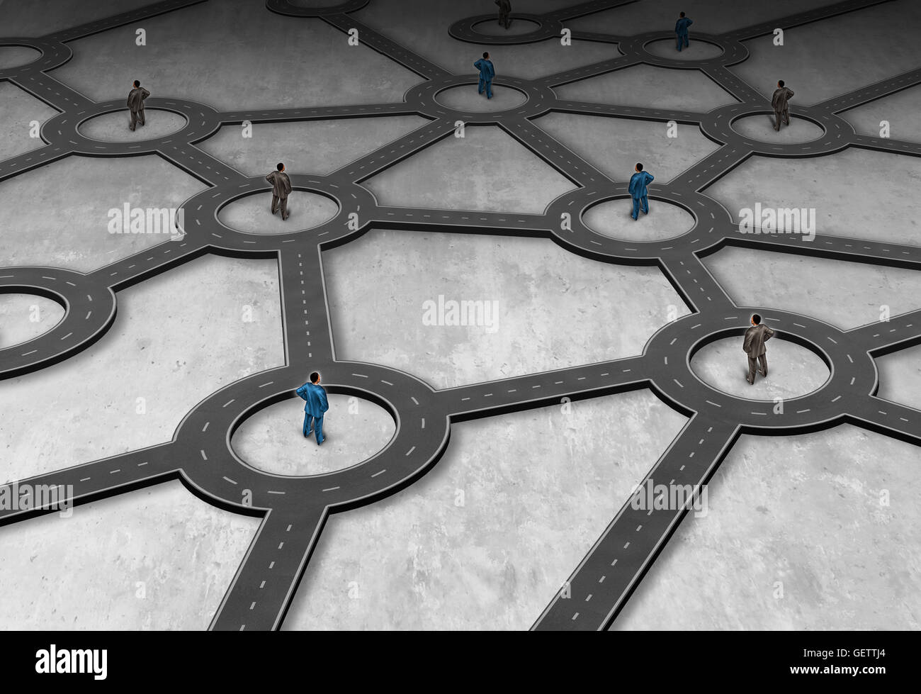 Logistik Netzwerk-Management als eine Gruppe von Personen in einem verknüpften Straßensystem als eine globale Vertriebsstruktur in eine 3D Darstellung Stil. Stockfoto