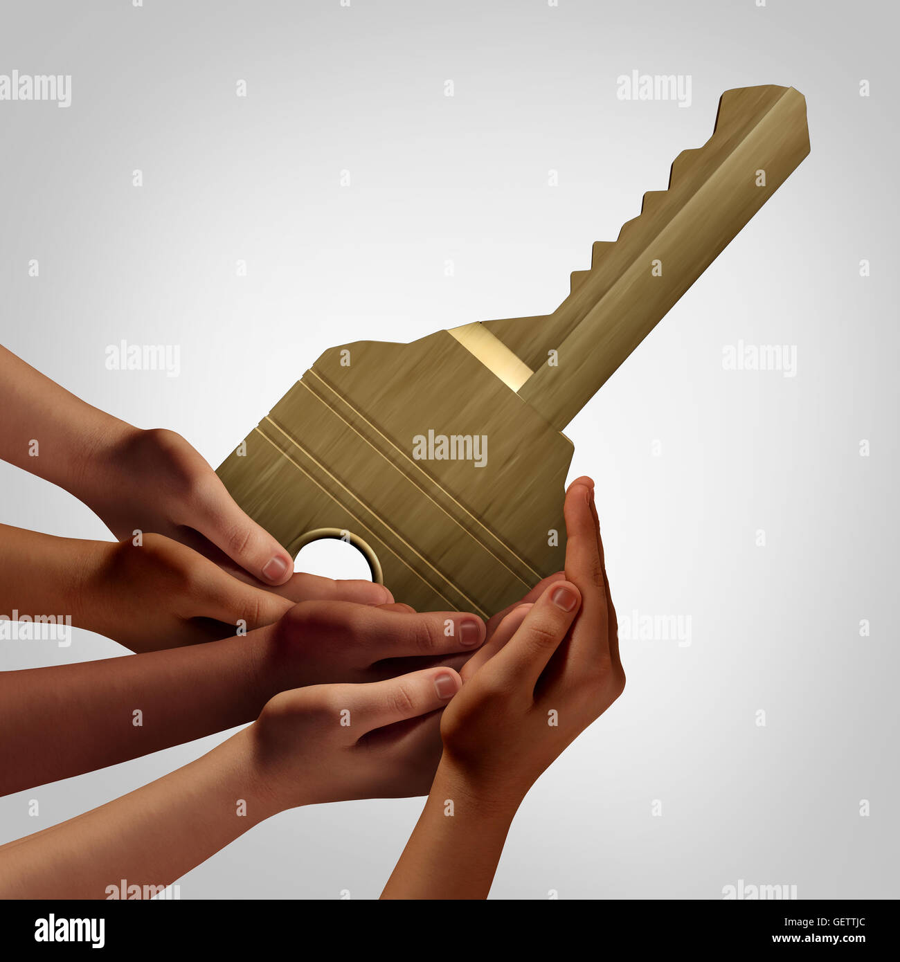 Personen Gruppe Schlüsselzugriff Konzept vielfältige Hände halten ein Objekt, das als Teamarbeit Lösung Metapher entsperrt oder Zugänglichkeit Symbol mit 3D Abbildung Elemente ermöglicht. Stockfoto