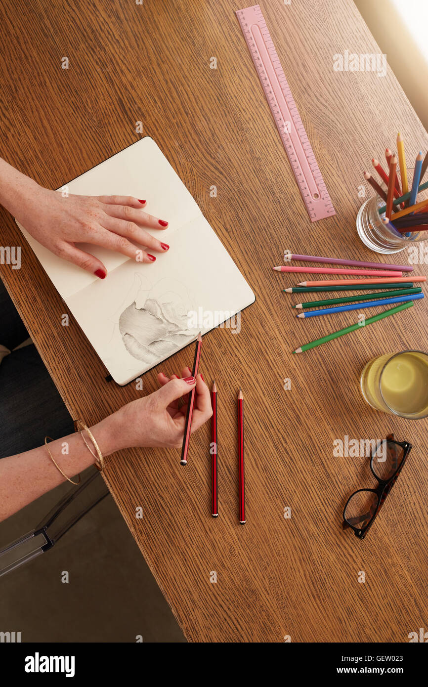 Draufsicht der Künstlerin skizzieren eine Blume auf Skizzenbuch. Frau Hände machen eine Blume-Skizze. Stockfoto