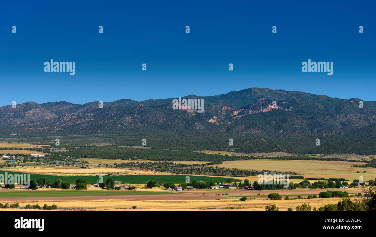 Anzeigen von Golden Valley mit Green Farm Land. blauer Himmel und die Berge. Stockfoto