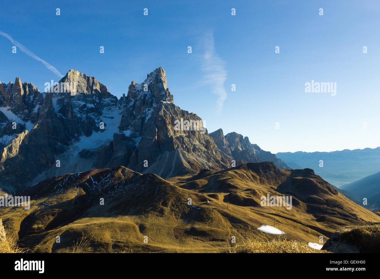 Höhepunkt der italienischen Dolomiten. Berglandschaft von "San Martino di Castrozza". Geologische Formationen Stockfoto