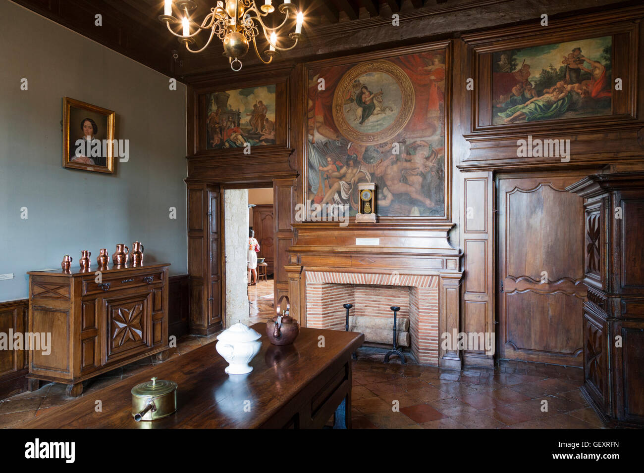 Der kleine Salon mit typischen 17. Jahrhundert Möbel im Inneren des Chateau de Monbazillac in Frankreich. Stockfoto