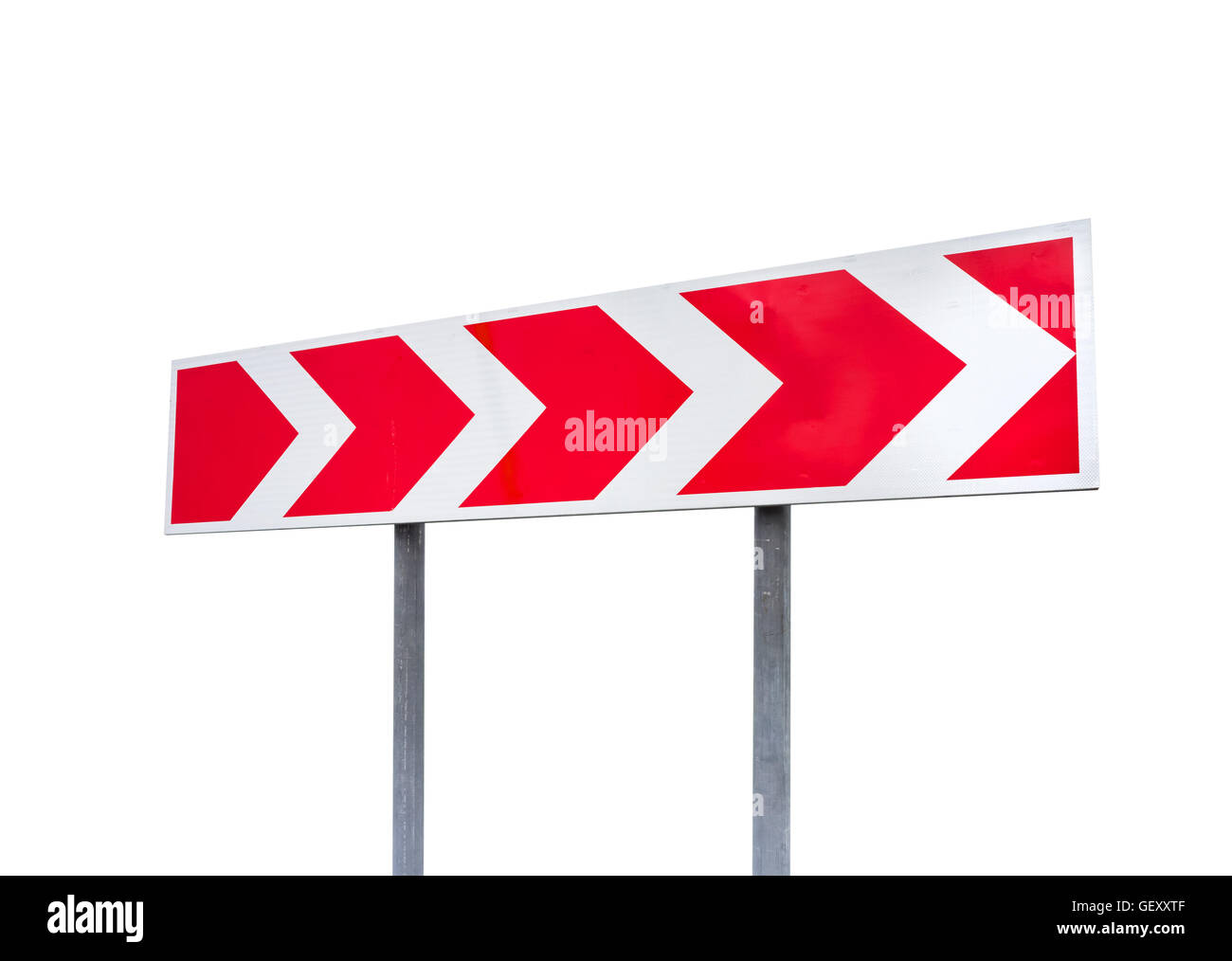 Gefährliche Wendung. Rote und weiße abgespeckte Pfeil. Straßenschild isoliert auf weißem Hintergrund mit Perspektive-Effekt Stockfoto