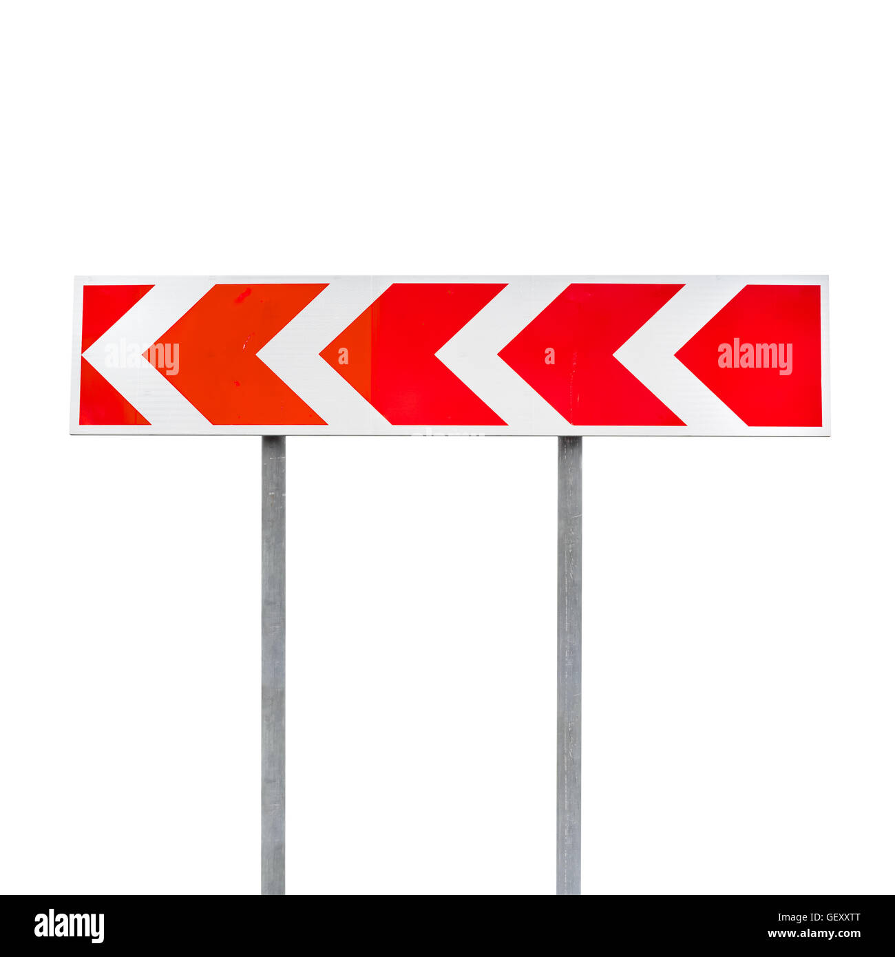 Gefährliche Wendung. Rote und weiße abgespeckte Pfeil. Verkehrszeichen isolierten auf weißen Hintergrund Stockfoto
