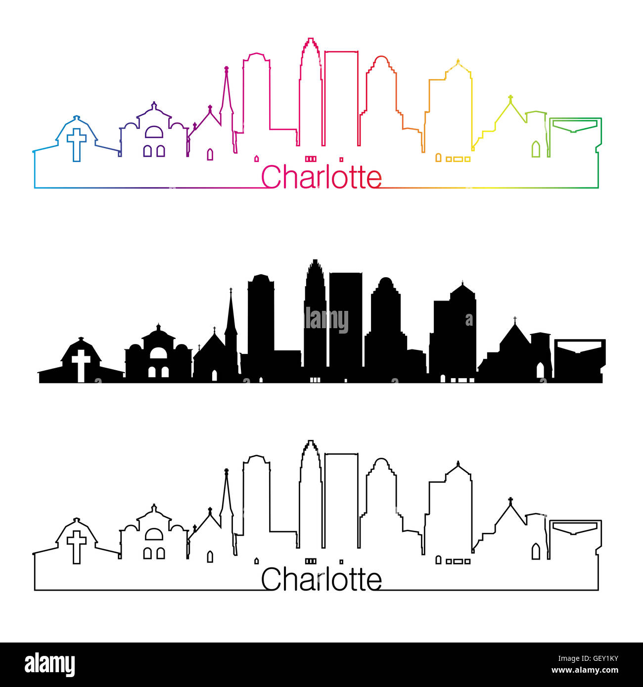 Charlotte Skyline linearen Stil mit Regenbogen in bearbeitbare Vektordatei Stockfoto