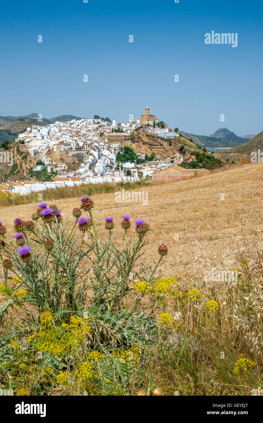 Iznajar Stadt aus dem Osten. Andalusien, Spanien Stockfoto