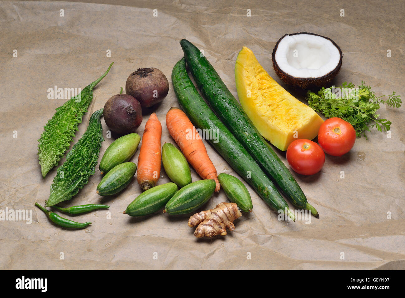 Gesunde Früchte, Gewürze und Gemüse Stockfoto