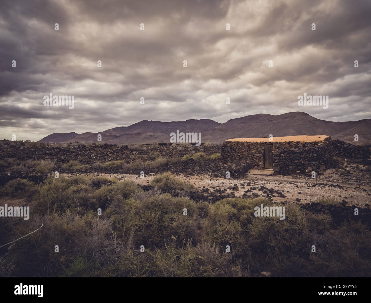 Altes Haus in eine archäologische Stätte von einem alten Aborigine Dorf in Fuerteventura, Kanarische Inseln, Spanien Stockfoto