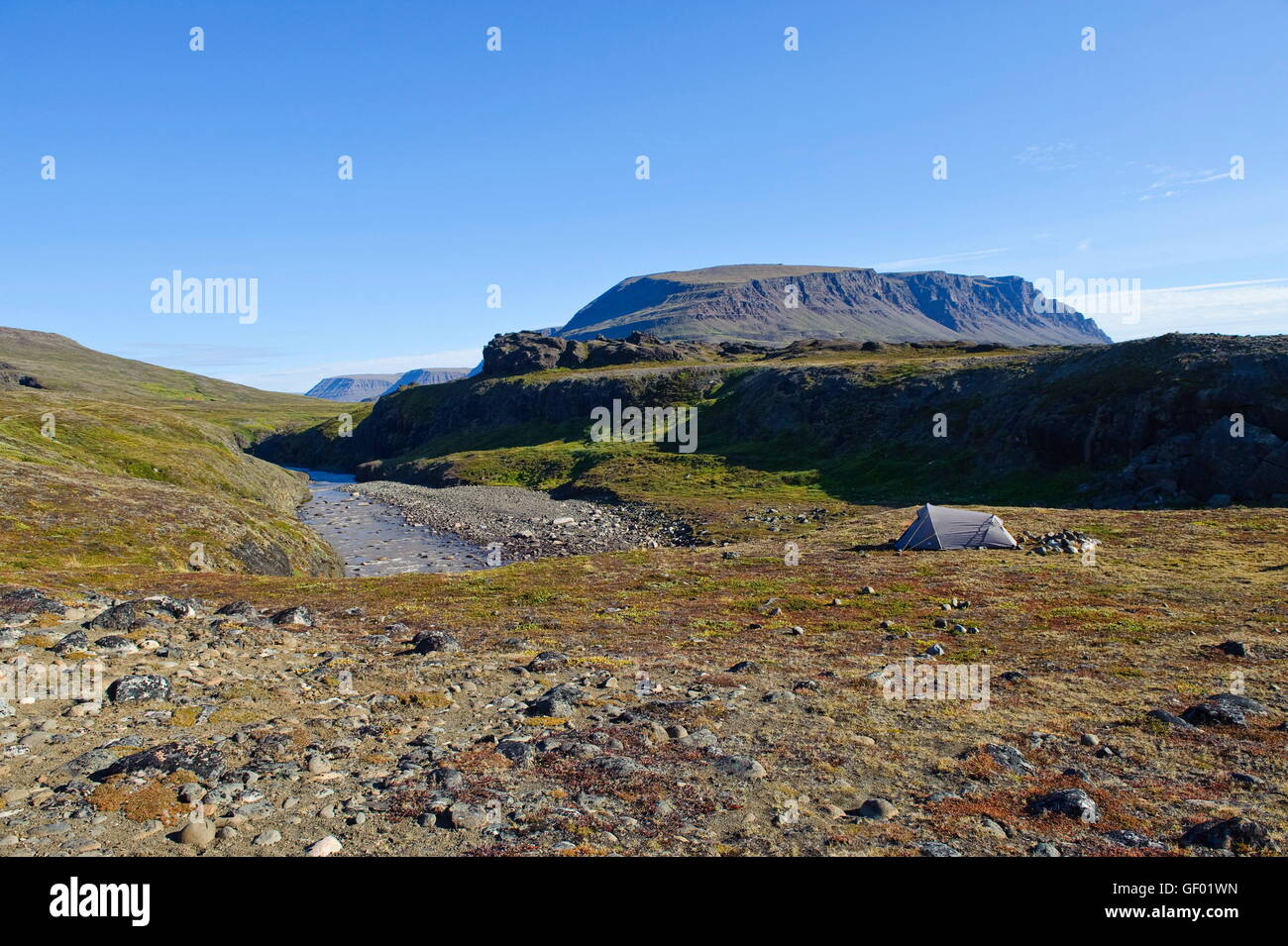 Geographie / Reisen, Grönland, Qeqertarsuaq, Westküste, Zelt im Freiland, Stockfoto