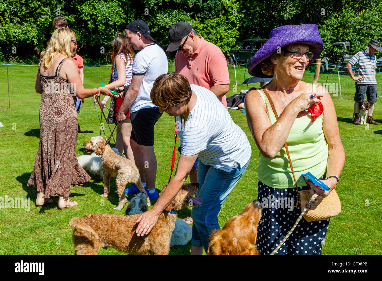 Hundebesitzer sind Gewinner Rosetten von einem Richter am Ende von A gegeben die Hundeausstellung, Withyham Fete, Withyham, Sussex, UK Stockfoto