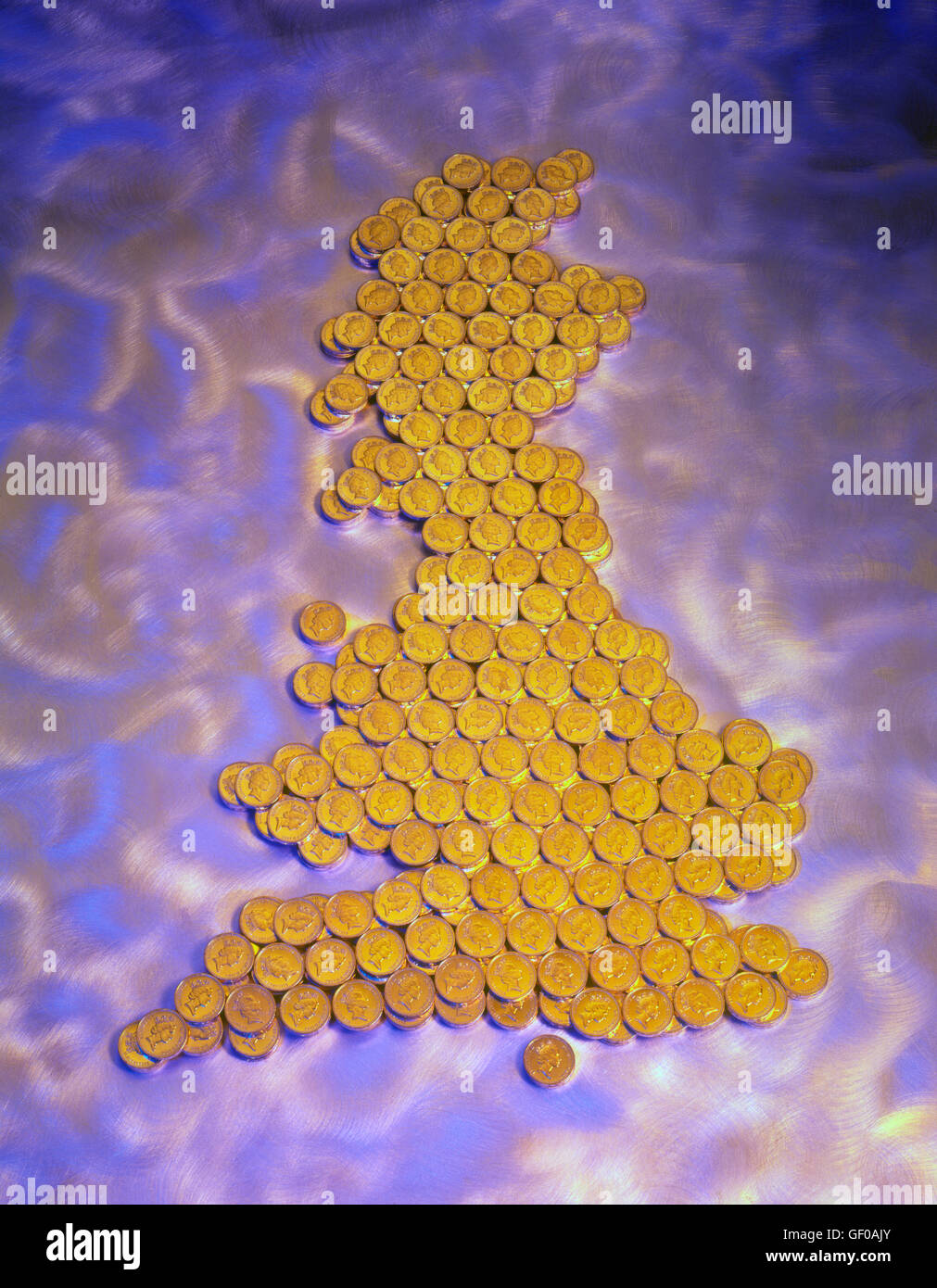Pfund-Münzen in Form von den britischen Inseln, England, Wales und Schottland Stockfoto