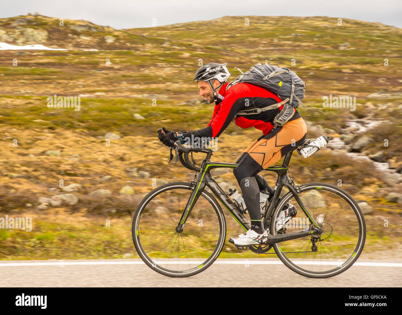 Radrennfahrer hausieren, RV7 Hardangervidda Nationalpark neben See Orteren, Norwegen, Hordaland, Skandinavien, Europäische Stockfoto