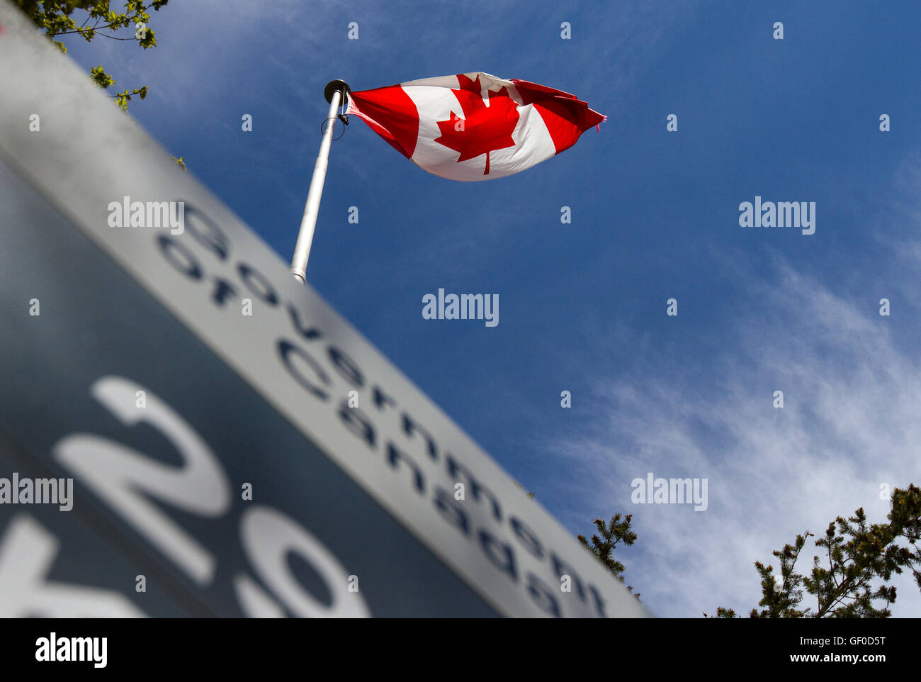 Die kanadische Flagge fliegt über ein Zeichen für eine der kanadischen Regierung Gebäude in Kingston Ontario, am 16. Mai 2016. Stockfoto