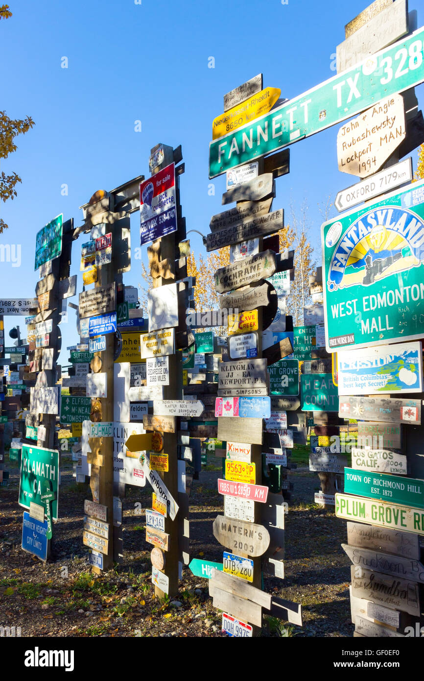 Sign Post Forest am Watson Lake, Yukon, Kanada Stockfoto