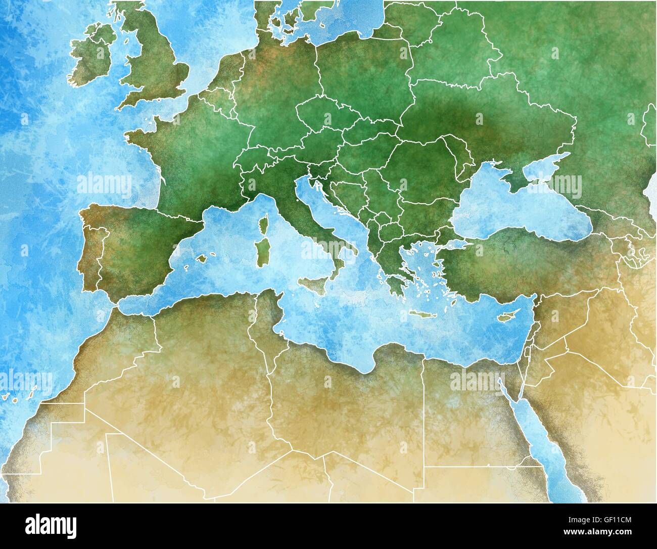 Handgezeichnete Karte Von Mittelmeer Europa Afrika Und Nahost Stockfotografie Alamy