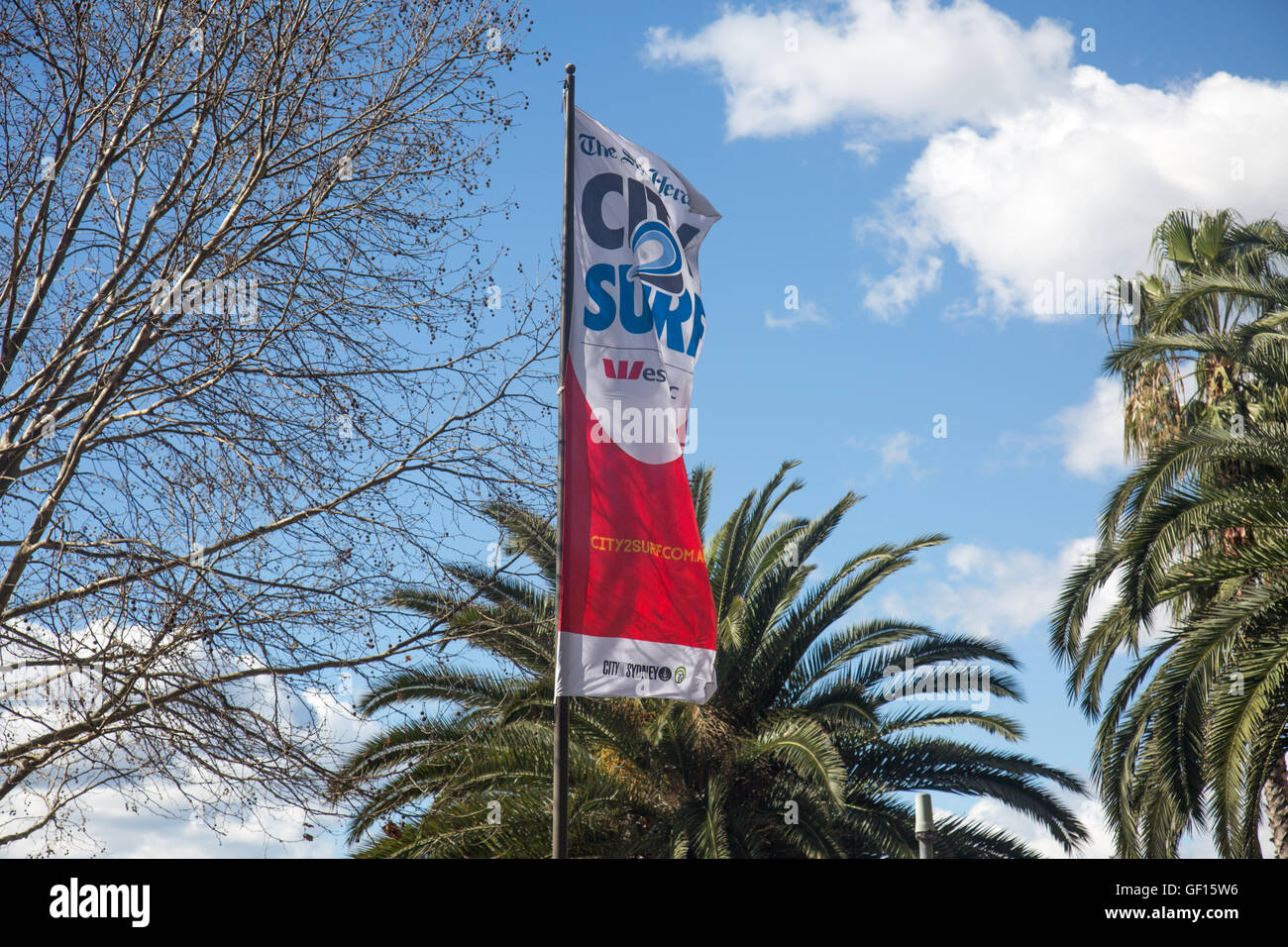 Banner in Macquarie Street Sydney Förderung die jährlichen (gehalten im August) Stadt, Surf-Spaß-Rennen in Sydney, Australien Stockfoto