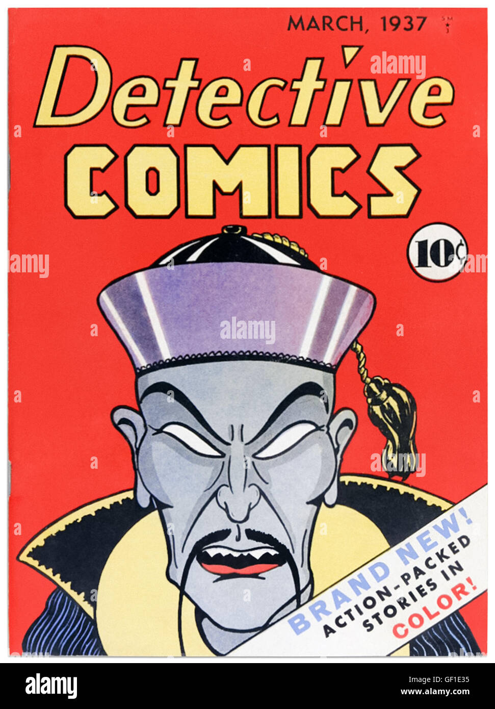 Detective Comics Ausgabe 1 März 1937, der Titel, der "DC Comics", mit Cover-Art von Vin Sullivan (1911-1999) mit der 1930er Jahre "gelbe Gefahr" Stereotyp Bösewicht namens Chin Lung, in der Mode zu der Zeit aufgrund der Popularität von Sax Rohmer Meister kriminellen Dr. Fu Manchu benannt. Siehe Beschreibung für mehr Informationen. Stockfoto