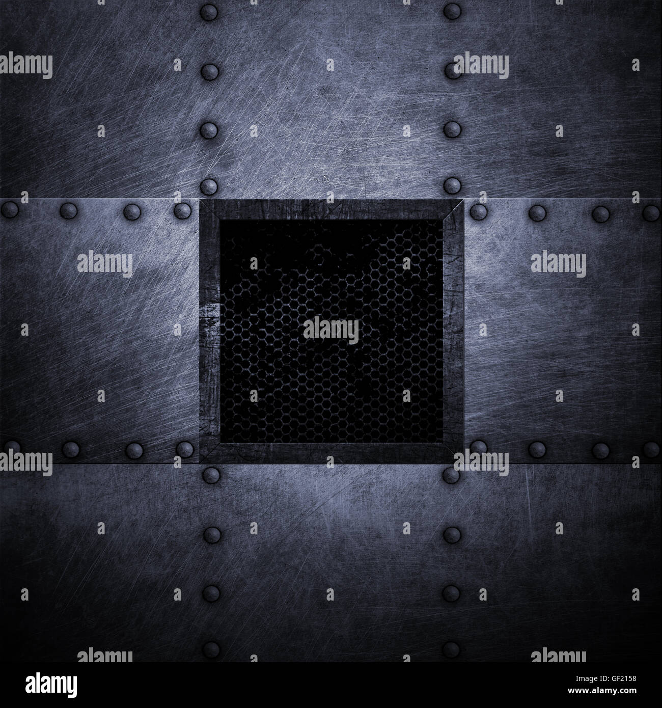 Grunge Metall Platte und Gitter Fenster. 3D Illustration. Hintergrund und Textur. Stockfoto