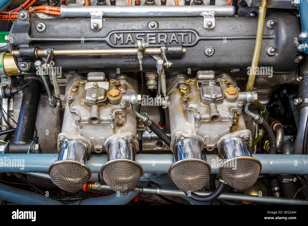 2,5 Liter Maserati 4-Zylinder-Motor im Cooper-Maserati T51 GP Auto 1959 an der 2015 Goodwood Revival, Sussex, UK. Stockfoto
