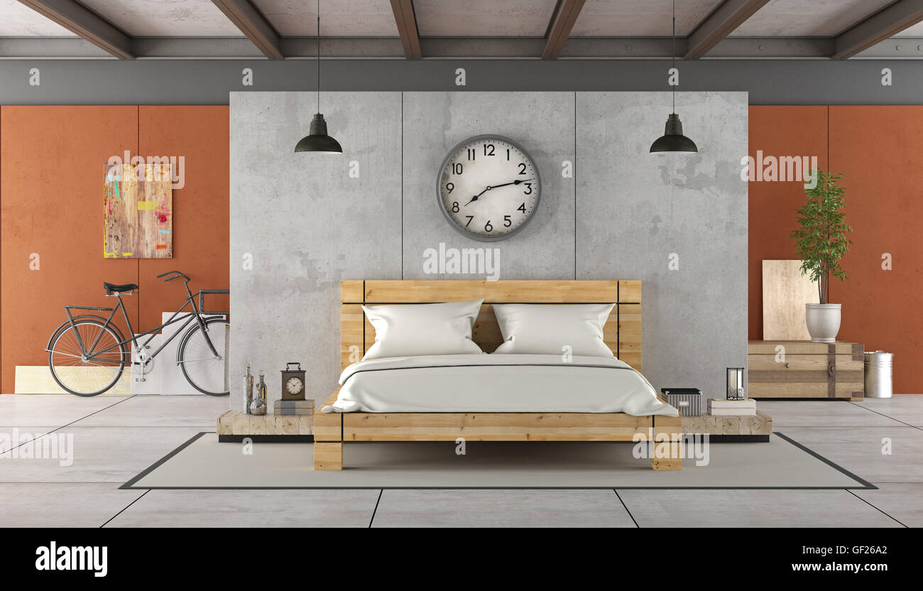 Loft-Interieur mit Schlafzimmer mit Doppelbett auf Betonwand und Fahrrad auf Hintergrund - 3D Rendering Stockfoto