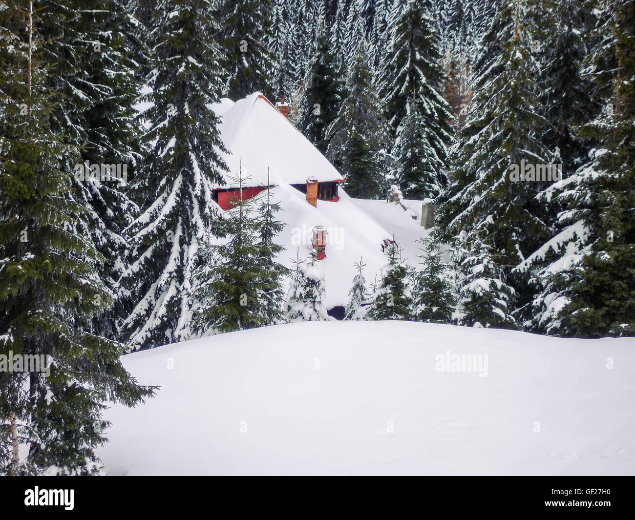 Verschneite Holzhaus Muntele Mic Resort, Karansebesch, Rumänien Stockfoto