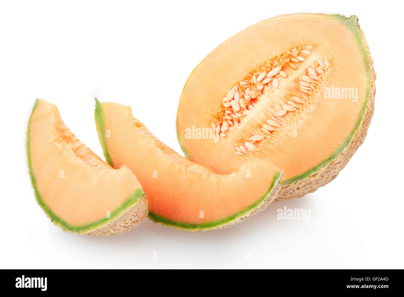 Cantaloupe-Melone-Abschnitt und Scheiben auf weiße, Clipping-Pfad Stockfoto