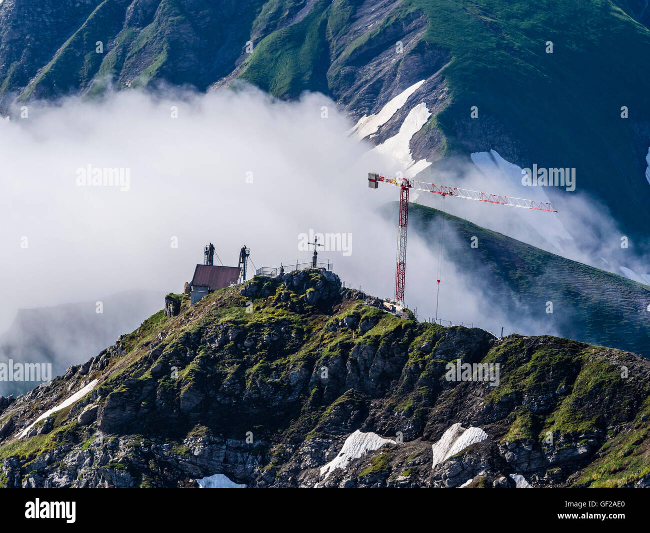 Gipfel des Mount Nebelhorn, in der Nähe von Oberstdorf, Bauarbeiten, Bau neuen Panoramarestaurant 2016, Luftaufnahme, Allgäu, Allgäu Stockfoto