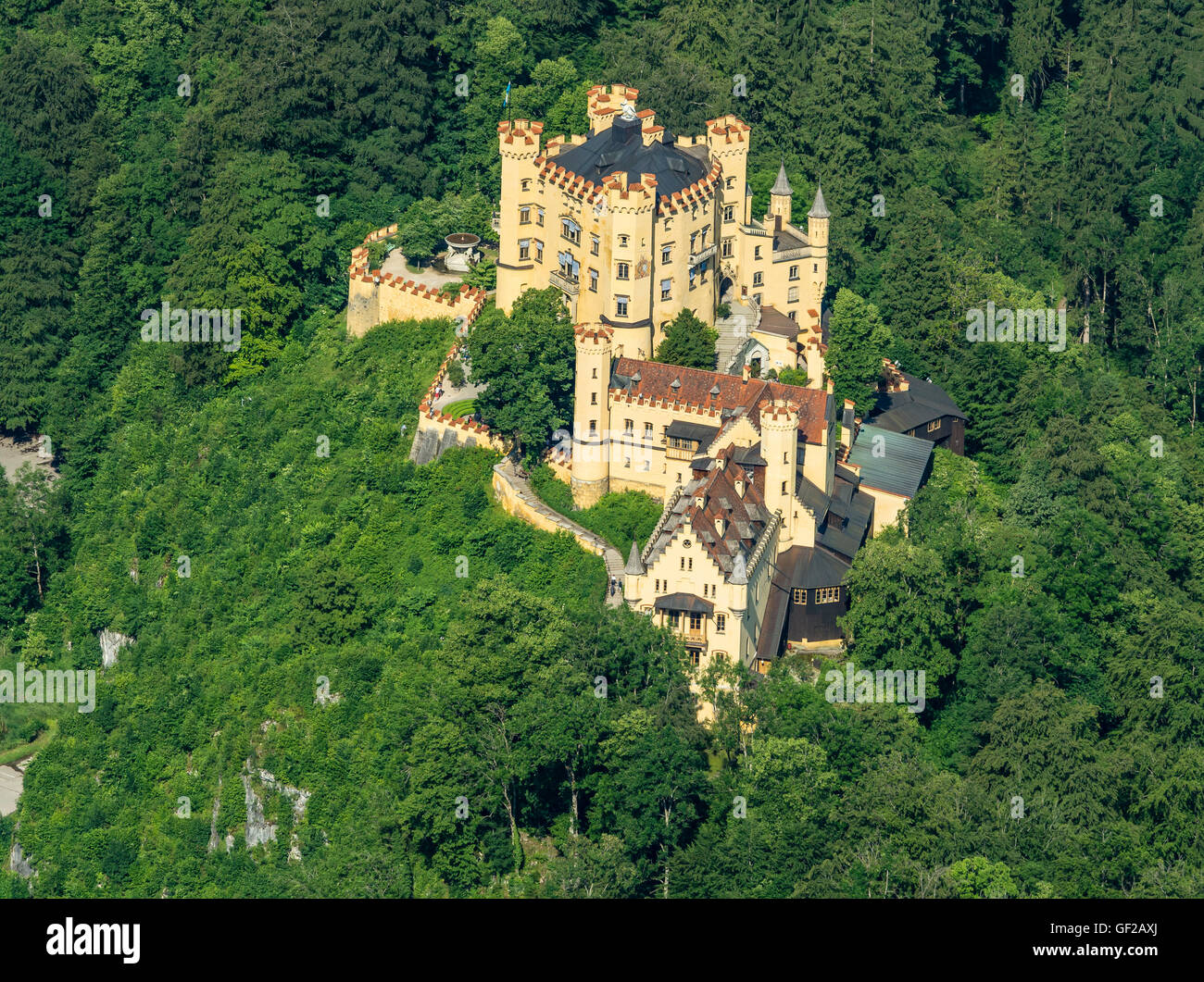 Schloss Hohenschwangau, Luftaufnahme, Allgäu, Allgäu, Bayern, Deutschland Stockfoto