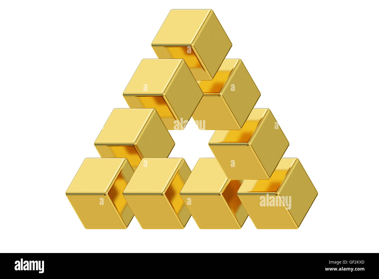 Unmögliche goldenen Dreieck optische Täuschung, 3D-Rendering isolierten auf weißen Hintergrund Stockfoto
