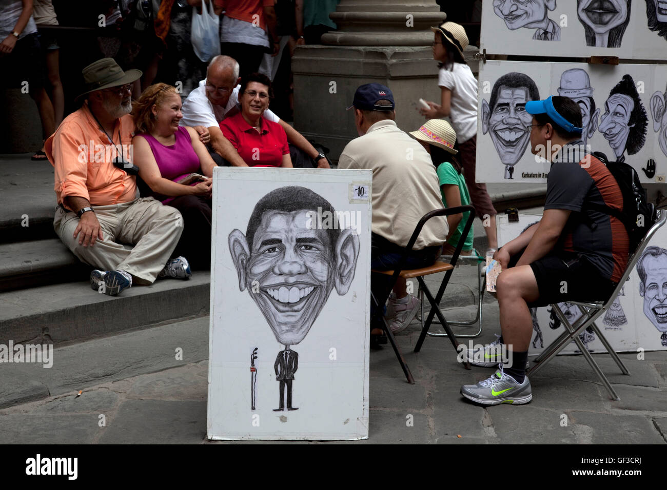 Karikatur des Künstlers von US-Präsident Barak Obama sieht in Florenz, Italien. Stockfoto