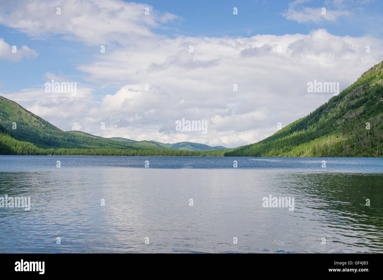 Schöne Landschaft am See zwischen Bergen und dem Holz, schöne, einer Landschaft, den See, das Holz, Berge, eine Tanne Stockfoto
