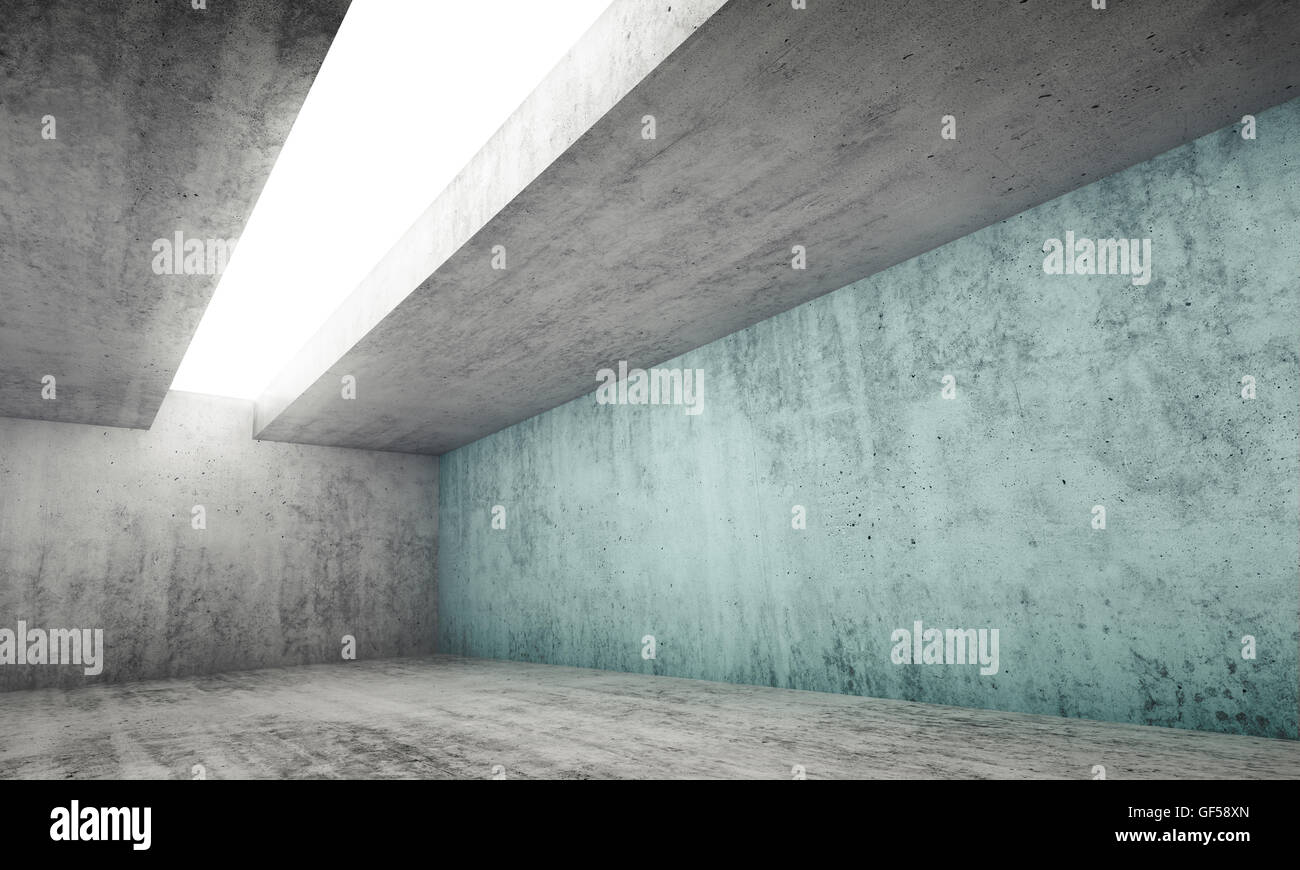 Abstrakt Architektur Interieur Hintergrund, leeren grauen Betons Zimmer mit weißem Licht in Decke und eine grüne blaue Wand öffnen, Stockfoto