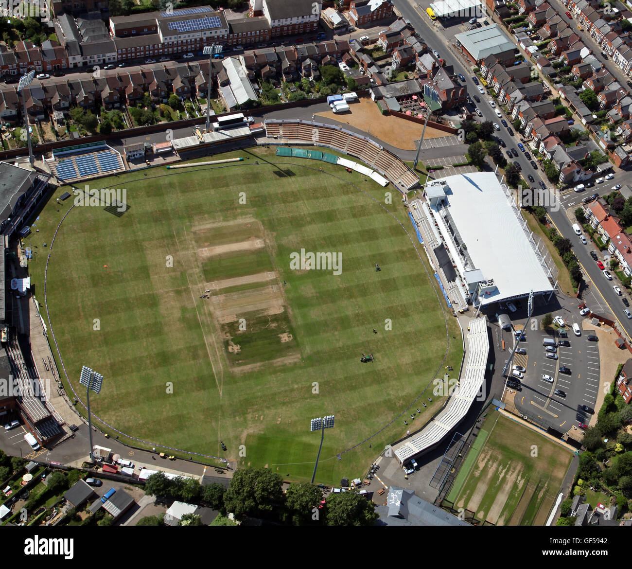 Luftaufnahme von The County Ground, Heimat von Northamptonshire County Cricket Club, UK Stockfoto