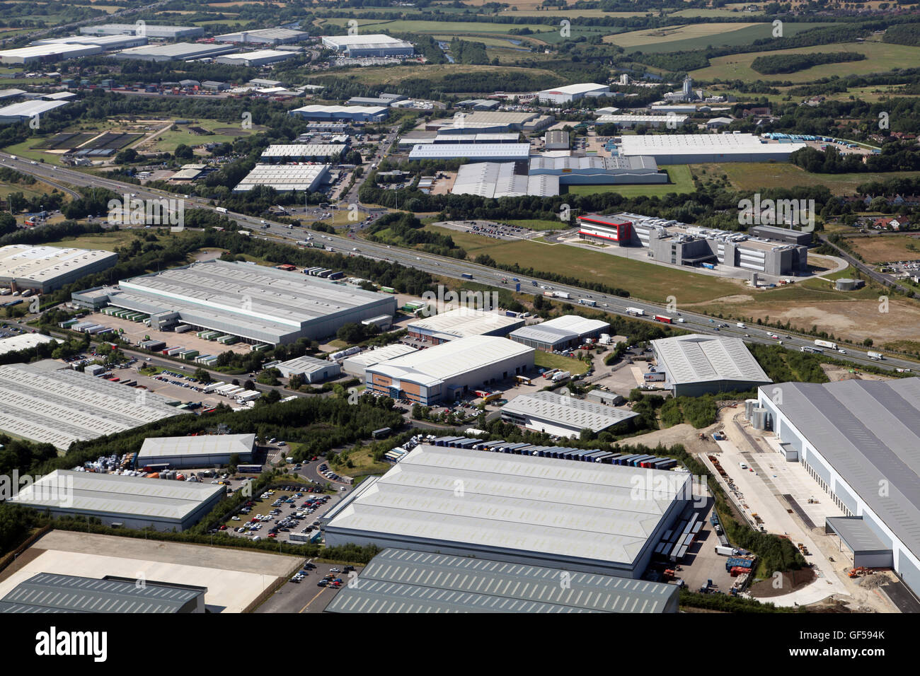 Luftaufnahme von Normanton Gewerbegebiete bei Ausfahrt 31 der Autobahn M62, Yorkshire, Großbritannien Stockfoto