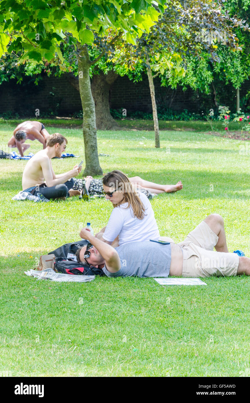 Menschen liegen unten und Sonnenbaden in Holland Park in London Stockfoto