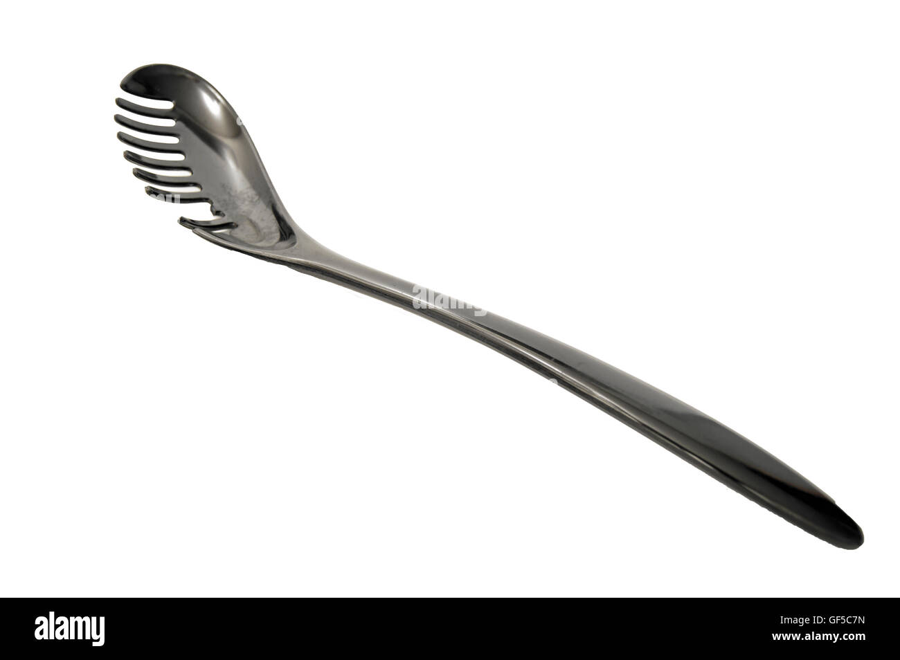 Eine glänzende schwarze Kunststoff Spaghetti Löffel auf einem weißen Hintergrund. Stockfoto