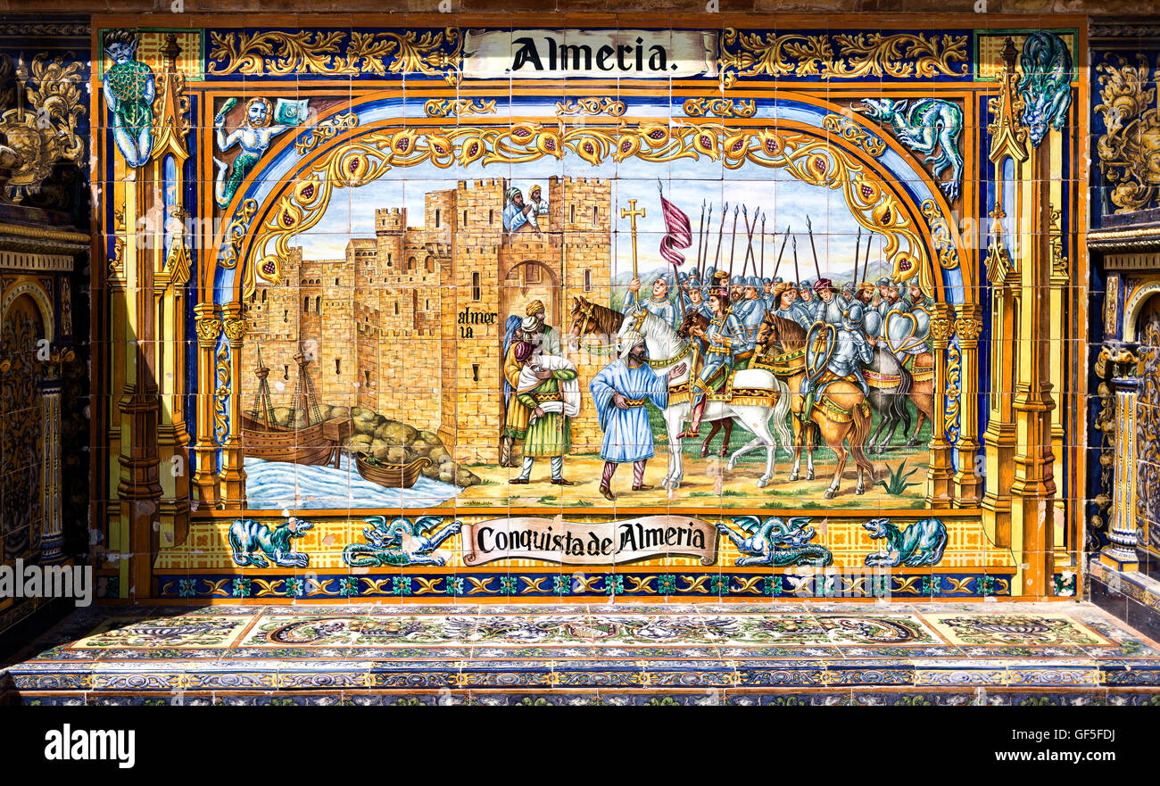 Detail der provinziellen Alkoven von Almeria Darstellung der Eroberung von Almeria am Plaza de Espana in Sevilla, Spanien Stockfoto