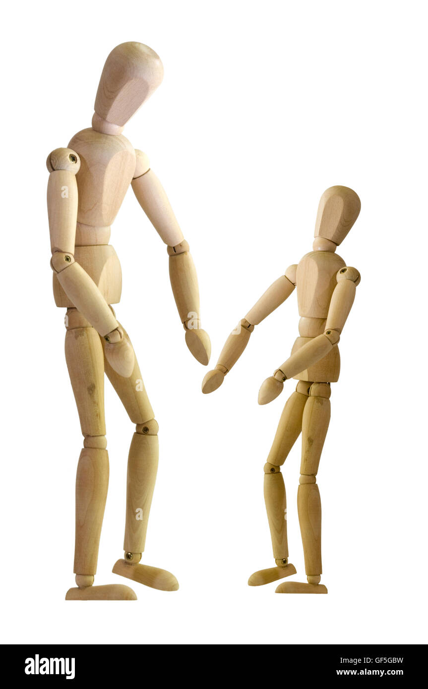 Künstler-Puppe auf weißem Hintergrund 2 Puppen, die die big One an der kleinen sucht gestellt Stockfoto