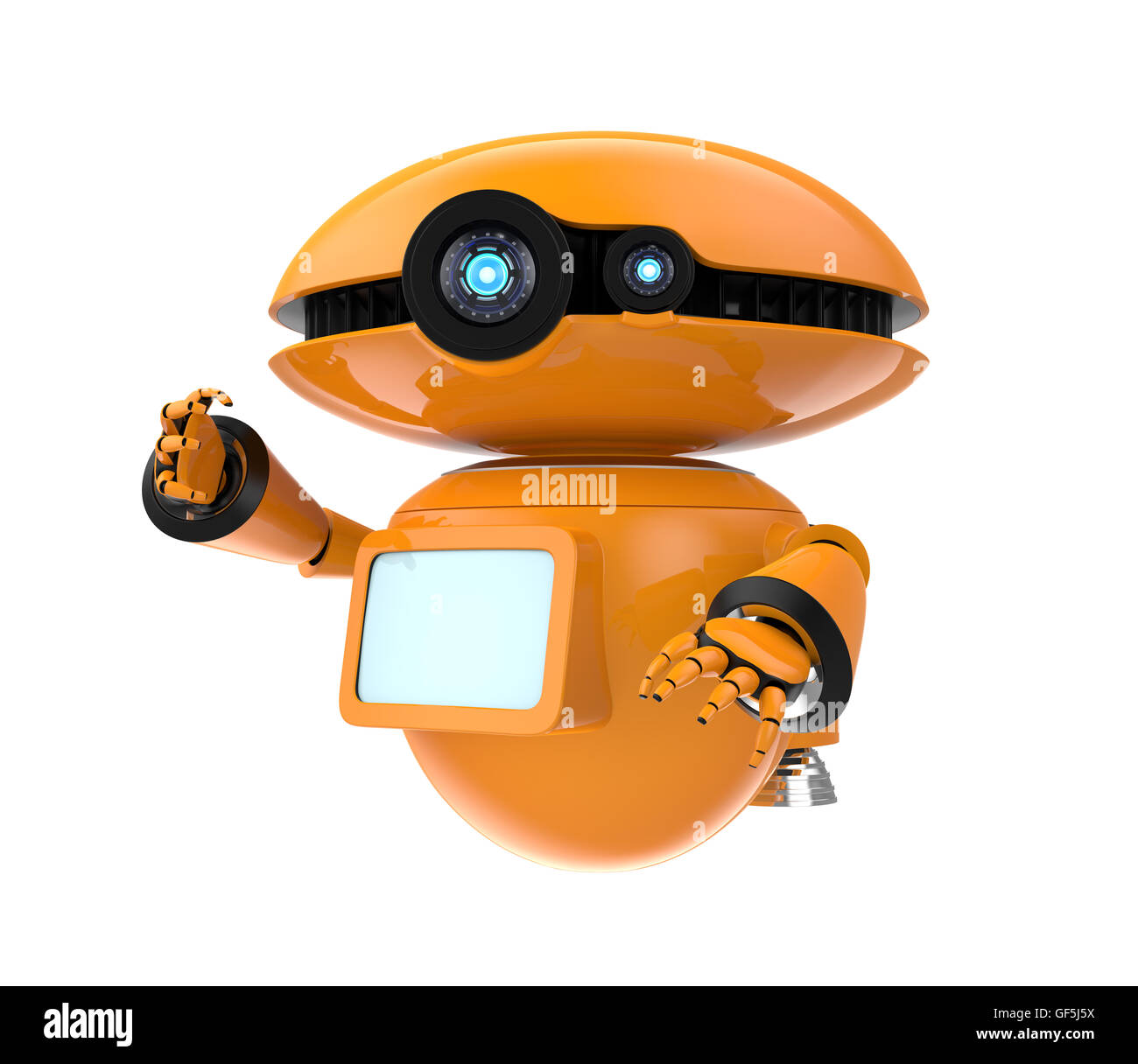 Orange Roboter isoliert auf weißem Hintergrund. 3D-Rendering Bild mit Beschneidungspfad. Stockfoto