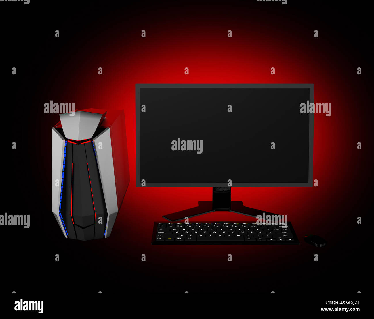 Gaming-Computer isoliert auf rotem Grund. 3D-Rendering Bild. Stockfoto
