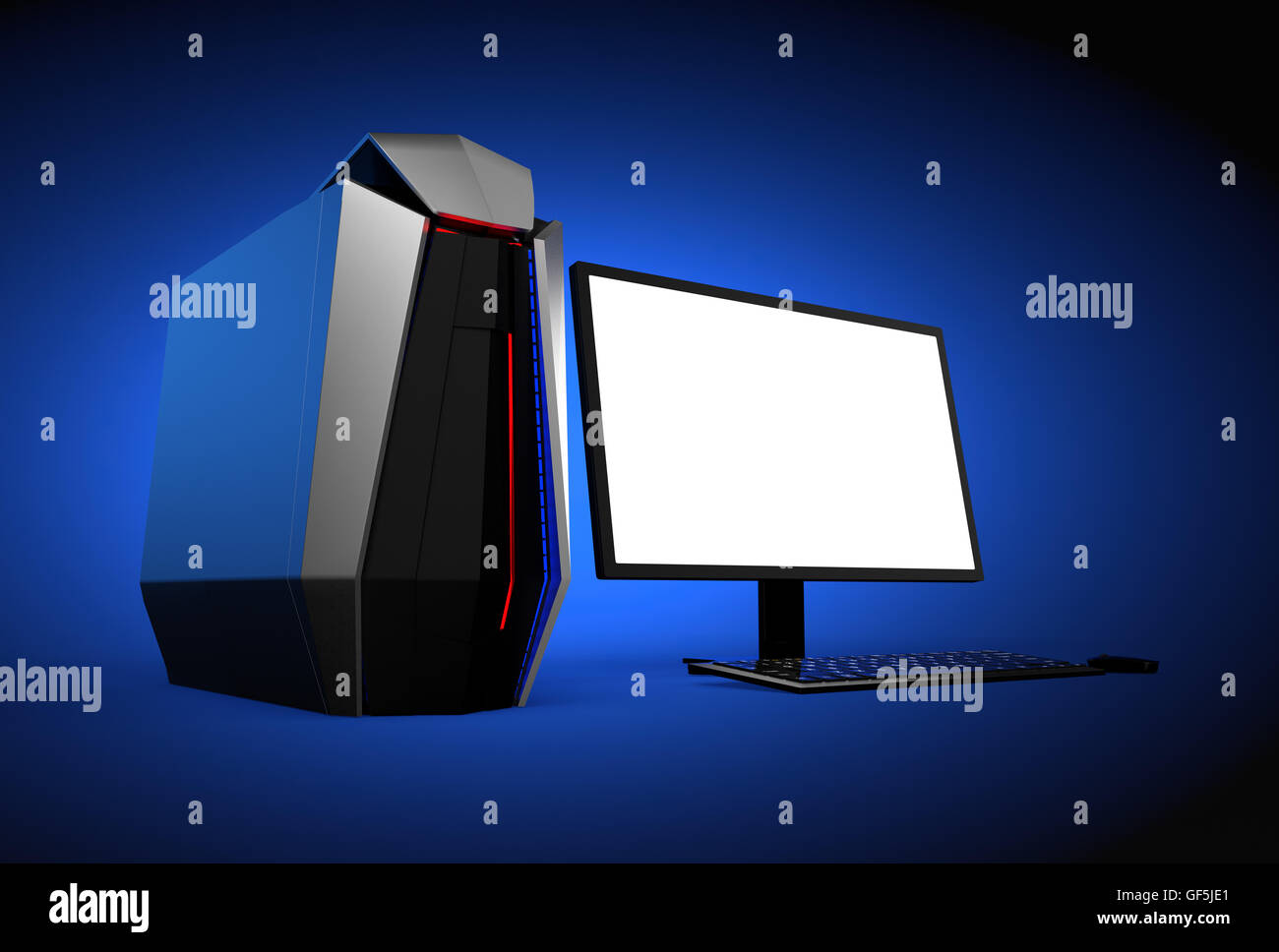 Gaming-Computer isoliert auf blauem Hintergrund. Monitor mit leeren Bereich für Exemplar. 3D-Rendering Bild. Stockfoto