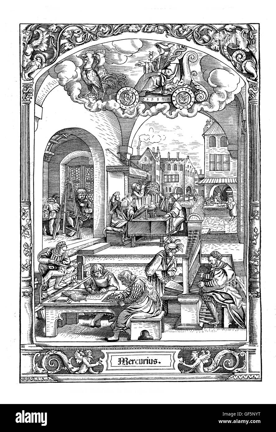Holzschnitt von Hans Sebald Beham (1500-1550), aus "Die Abfolgen von den Wochentagen": unter dem astrologisch Zeichen des Merkur eine Reihe von Szenen aus dem städtischen Leben in jenen Tagen (Mittwoch). Obwohl Mord alles andere als unbekannt in jenen Zeiten war, ist der Mann mit dem Messer auf der linken Seite angeblich einen Arzt, kein professioneller Killer. Stockfoto