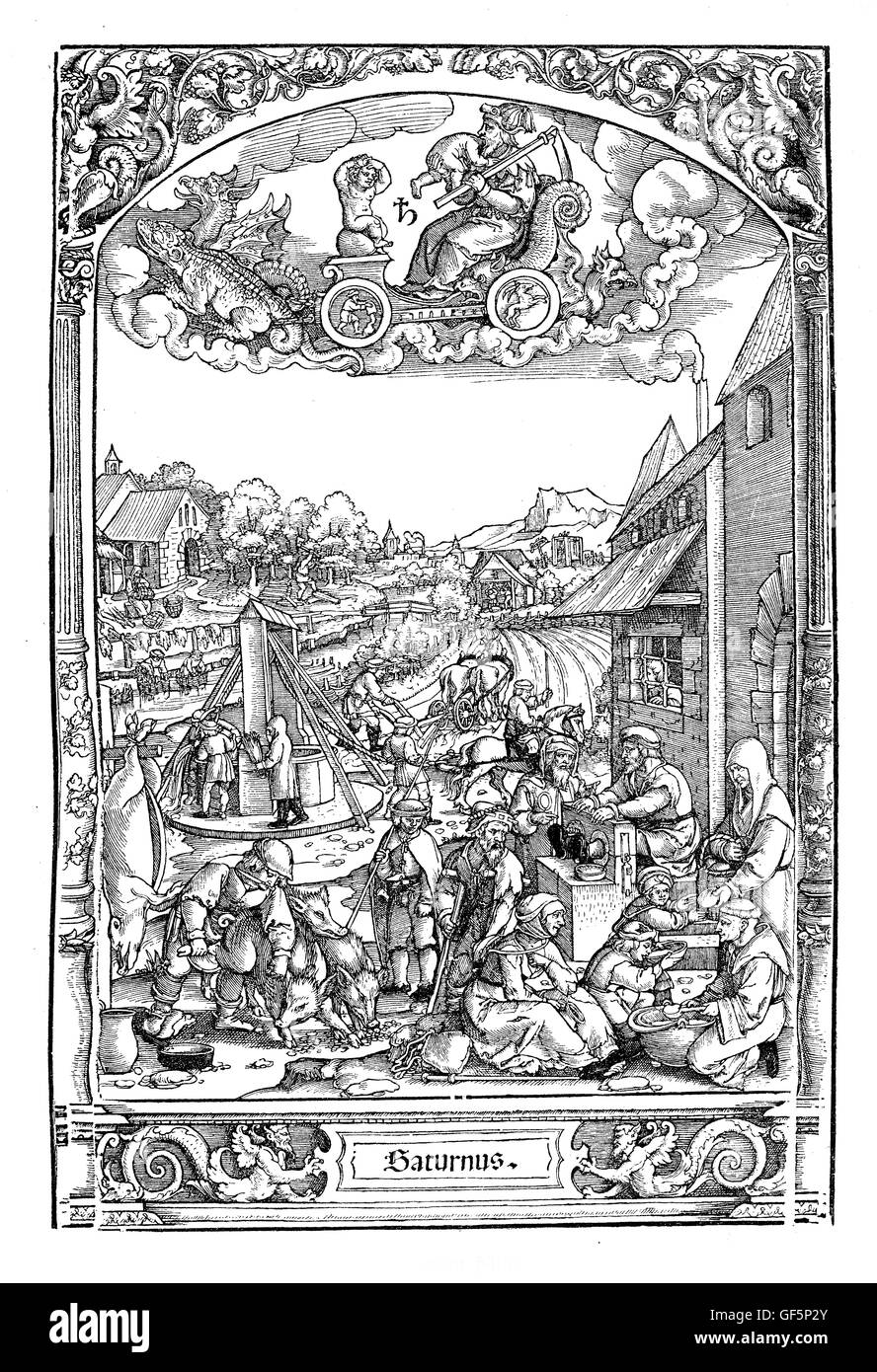 Holzschnitt von Hans Sebald Beham (1500-1550), aus "Die Abfolgen von den Wochentagen": unter dem astrologisch Zeichen des Saturn eine Reihe von Szenen aus dem städtischen Leben in jenen Tagen (Samstag). Der Metzger im Vordergrund seine Schweine Schlachten ist vielleicht die mildeste Szene in der gesamten Abbildung. Stockfoto