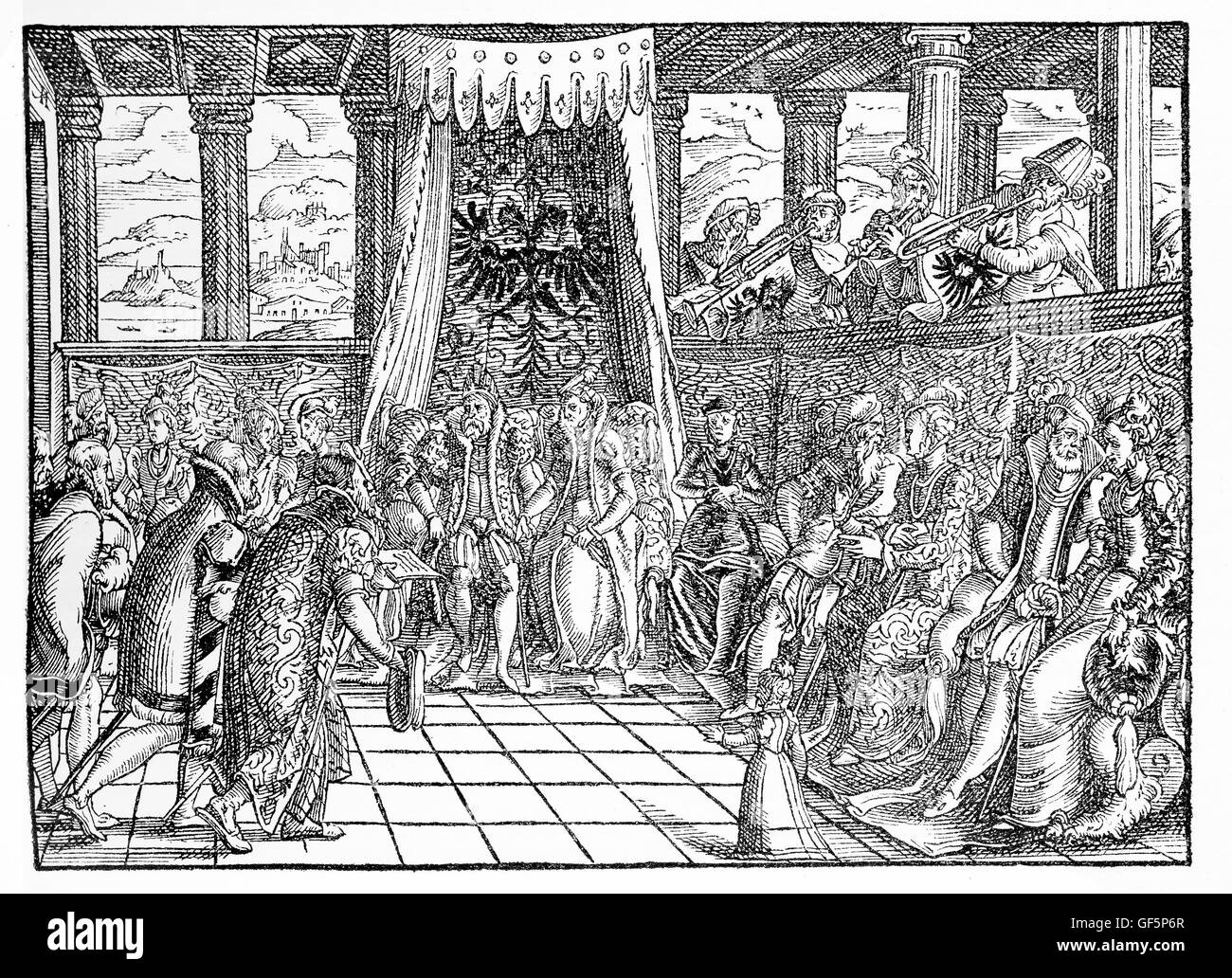 XVI. Jahrhundert, boten vor dem Kaiser. der Kaiser ist nicht explizit im Text genannt, doch der doppelköpfige Adler schlägt des Hauses Habsburg und der Holzschnitt Datierung würde Punkt im Ferdinand I. Stockfoto